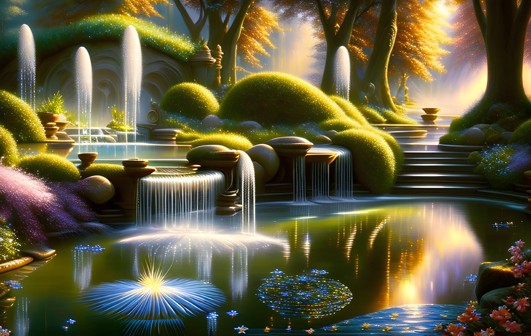 Mystical forest with luminous trees, waterfalls, and reflective pond