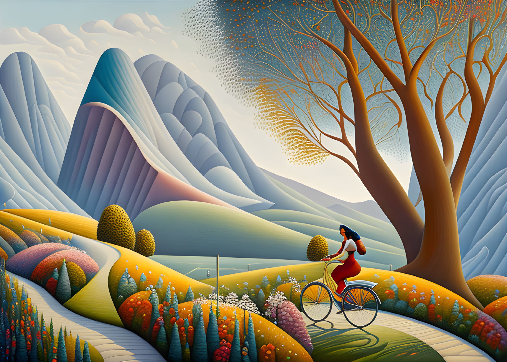 Surreal landscape with rolling hills and a person on a bicycle