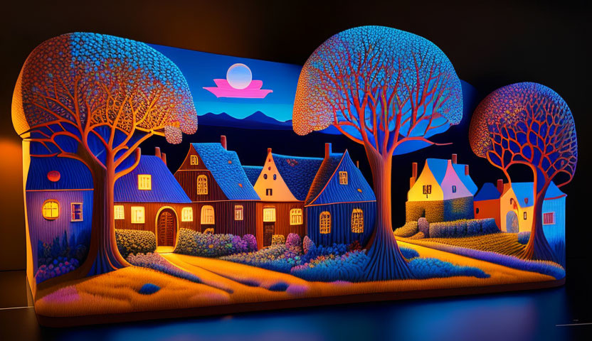 Colorful Artwork: Stylized Houses & Trees in Sunset or Sunrise Sky