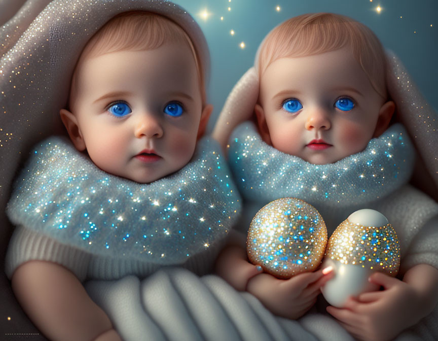 Blue-eyed dolls with starry scarves and sparkling orbs on blue background