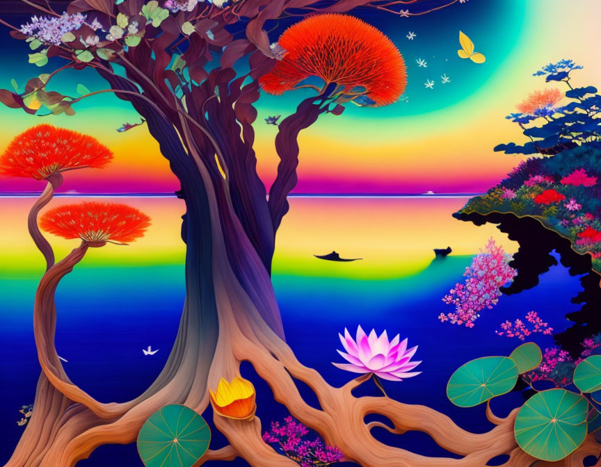 Whimsical landscape with multicolored sky, flowering tree, lotus flowers, and flying birds