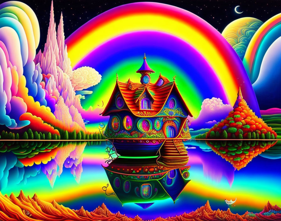 Colorful Psychedelic Illustration of Whimsical House on Boat with Rainbow