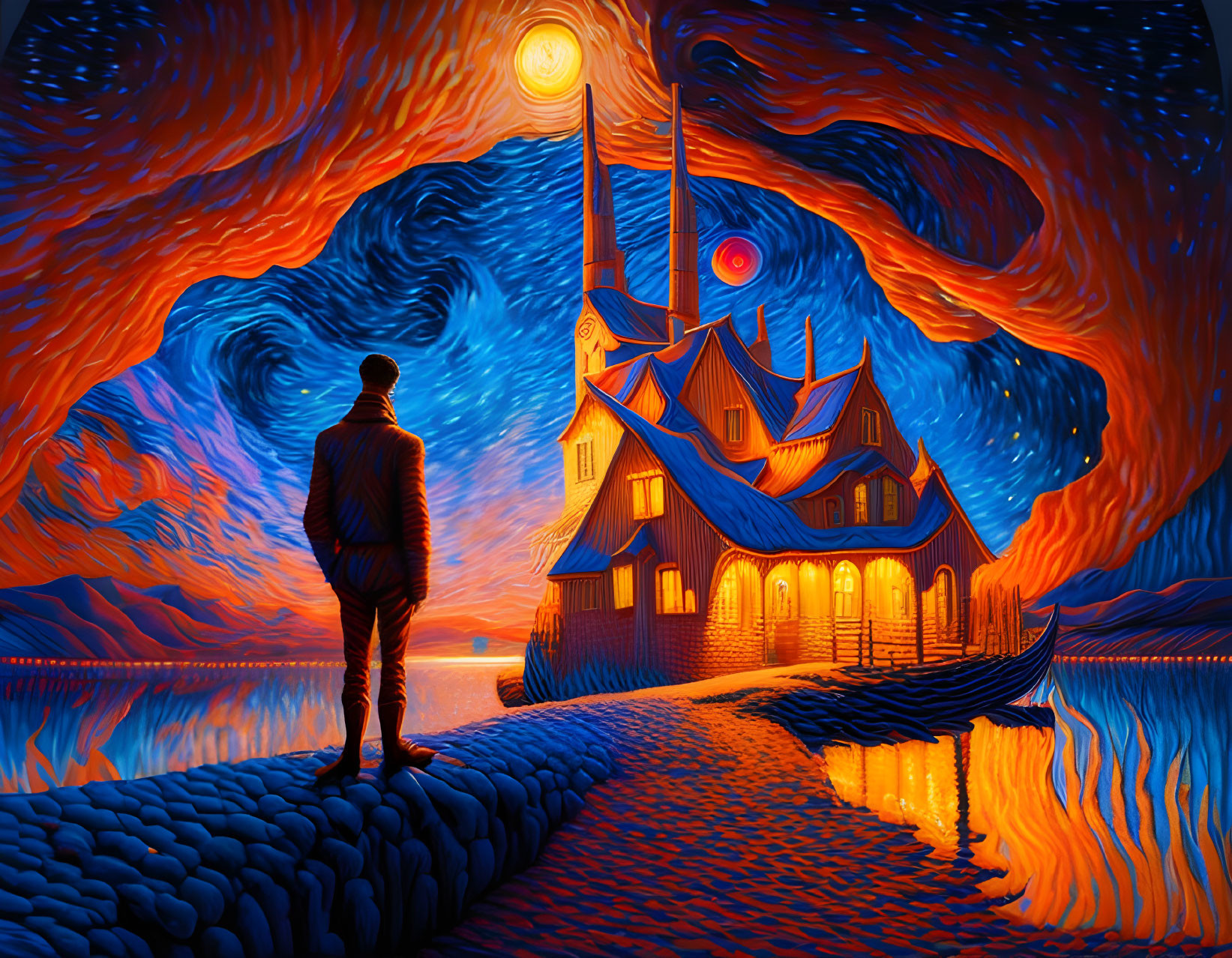 Person on cobblestone path near illuminated house by lake under swirling starry sky