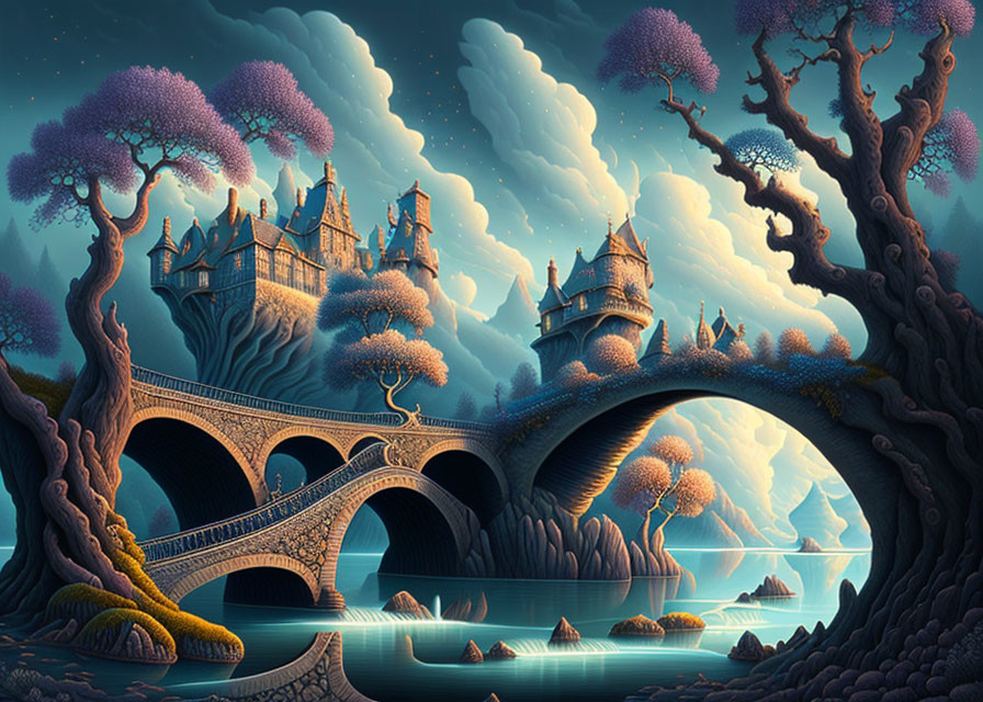 Fantasy landscape with castle on bridge, magical trees, serene water, twilight sky