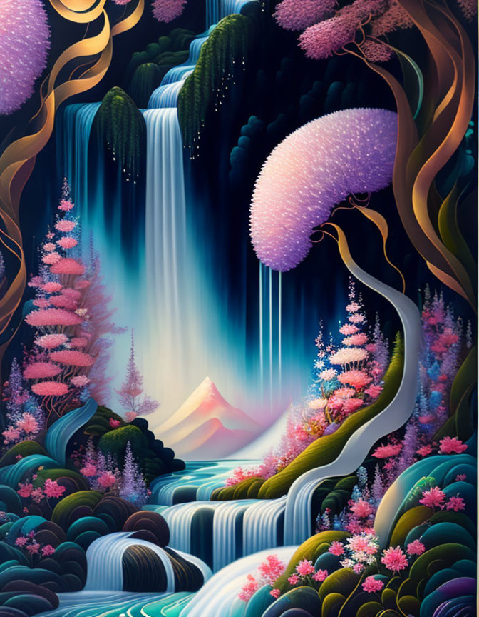 Fantastical landscape with waterfalls, pink and purple flora, and mountain backdrop