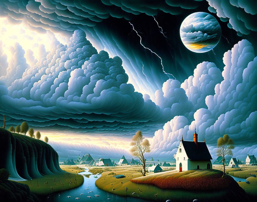 Surreal landscape with small chapel on island, storm clouds, lightning, oversized moon.