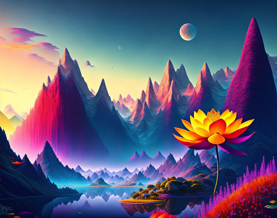 Colorful digital artwork: pink and purple mountains, lotus flower, lake, starry sky