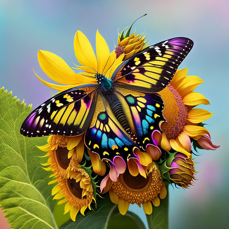 Colorful Butterfly Resting on Sunflower Against Multicolored Background