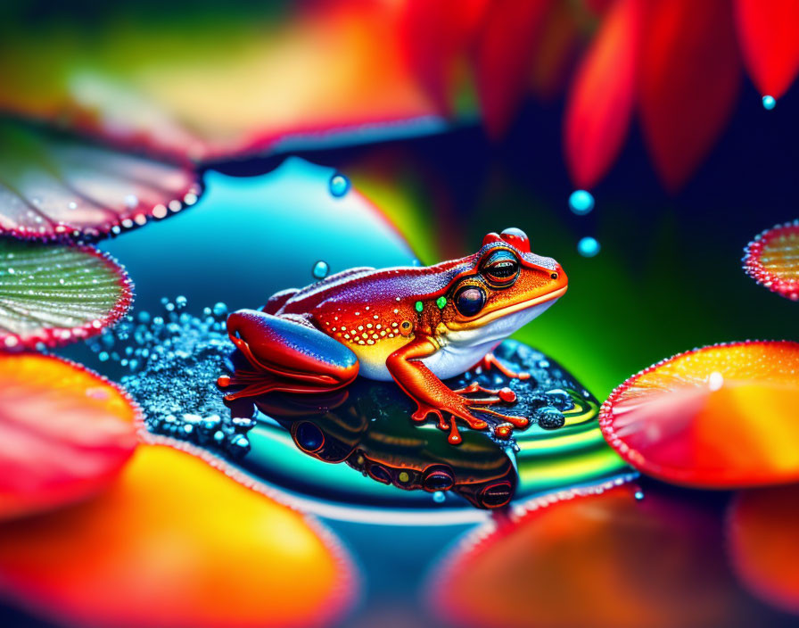 Colorful Frog on Leaf with Water Droplets in Reflective Water Scene