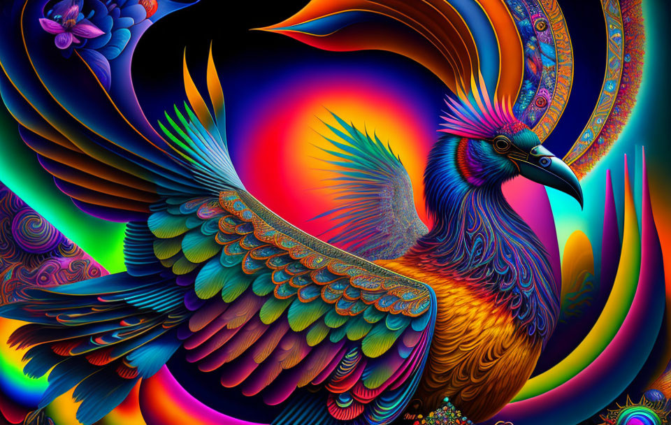 Colorful Bird Digital Art on Psychedelic Rainbow Background