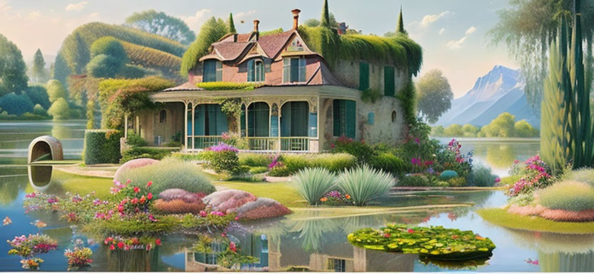 Ivy-covered house by calm lake, lush gardens, colorful flowers