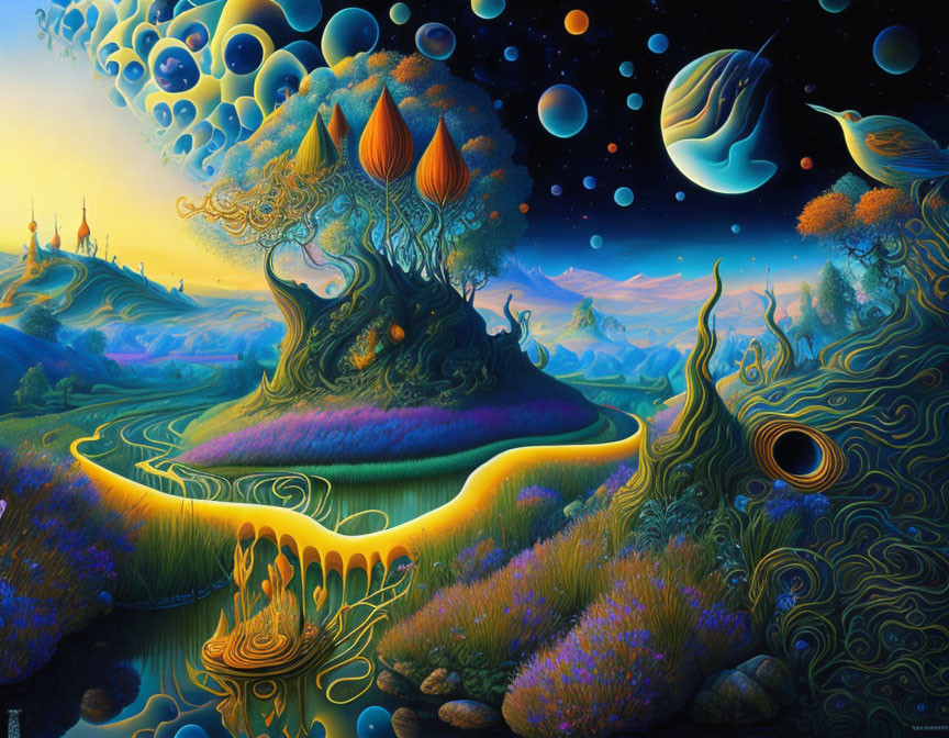 Fantastical landscape with whimsical trees and celestial bodies