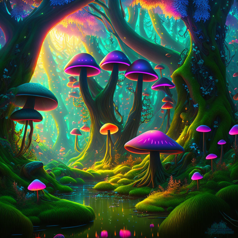 Enchanting fantasy forest with oversized glowing mushrooms and magical trees