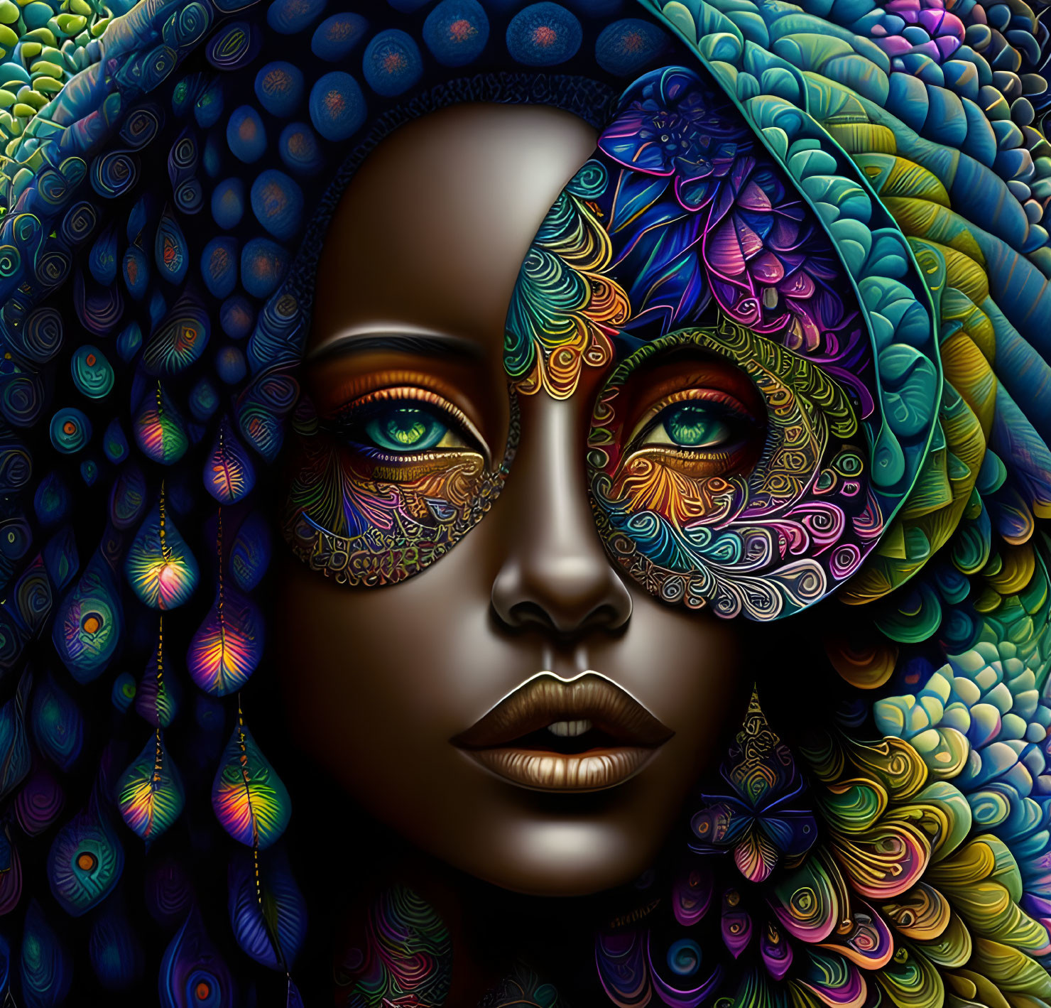 Colorful digital artwork: Intricate patterns of feathers and florals on a woman's face