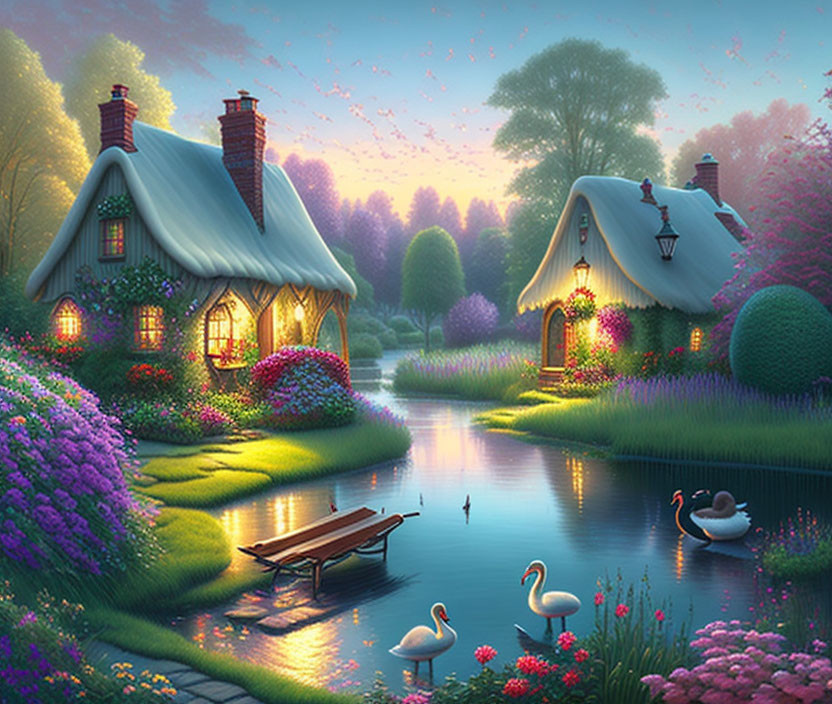 Tranquil twilight cottage scene with glowing windows, blooming flowers, serene river, and swans