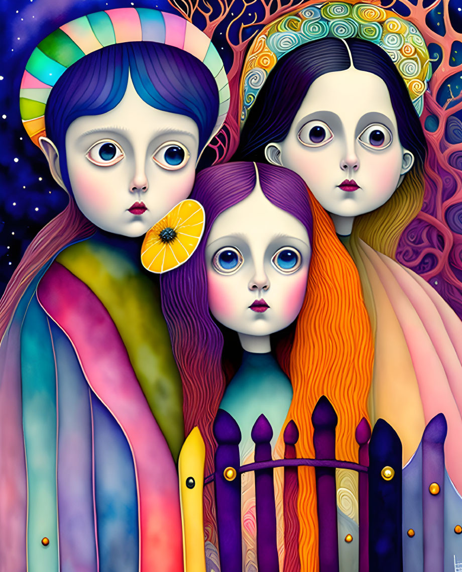 Colorful characters with large eyes and citrus slice in whimsical setting