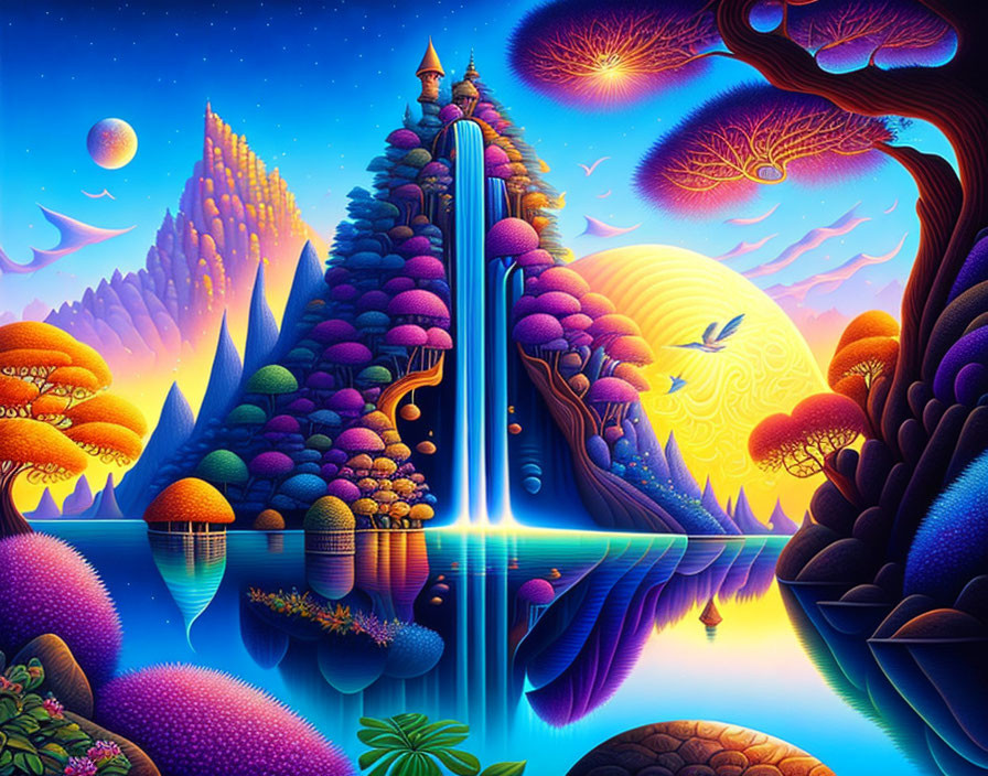 Fantasy landscape with waterfall, exotic trees, castle, and starry sky