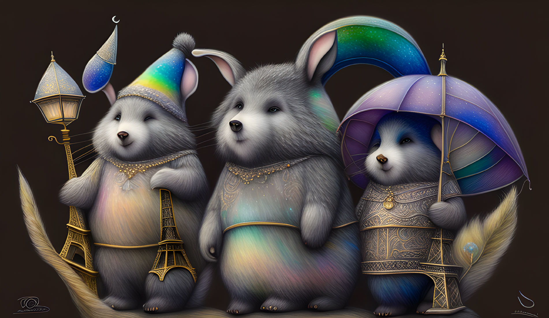 Fantasy-style anthropomorphic rabbits with lantern, party hat, and umbrella