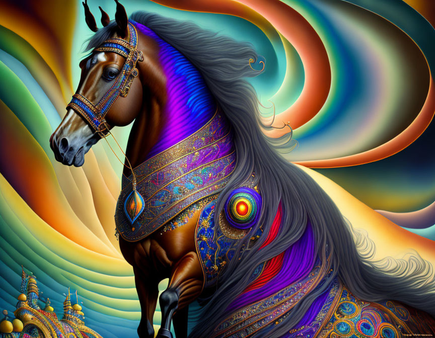 Colorful Decorated Horse Artwork with Swirling Patterns