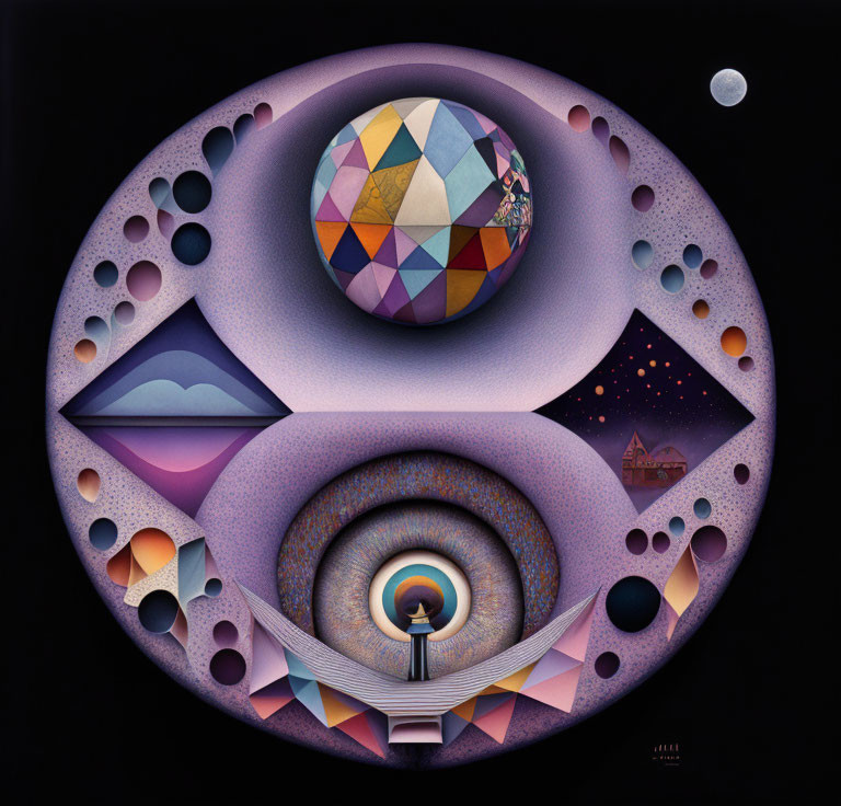 Surreal cosmic illustration featuring central figure, portal, geometric patterns, celestial bodies, and circular landscapes