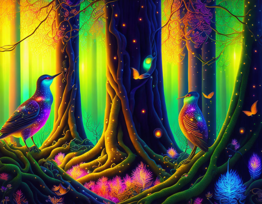 Colorful digital art: Glowing cosmic birds in neon forest