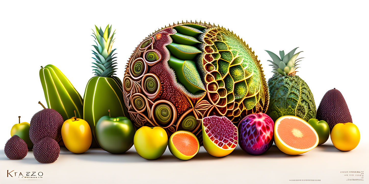 Vibrant hyper-realistic fruit arrangement with intricate textures