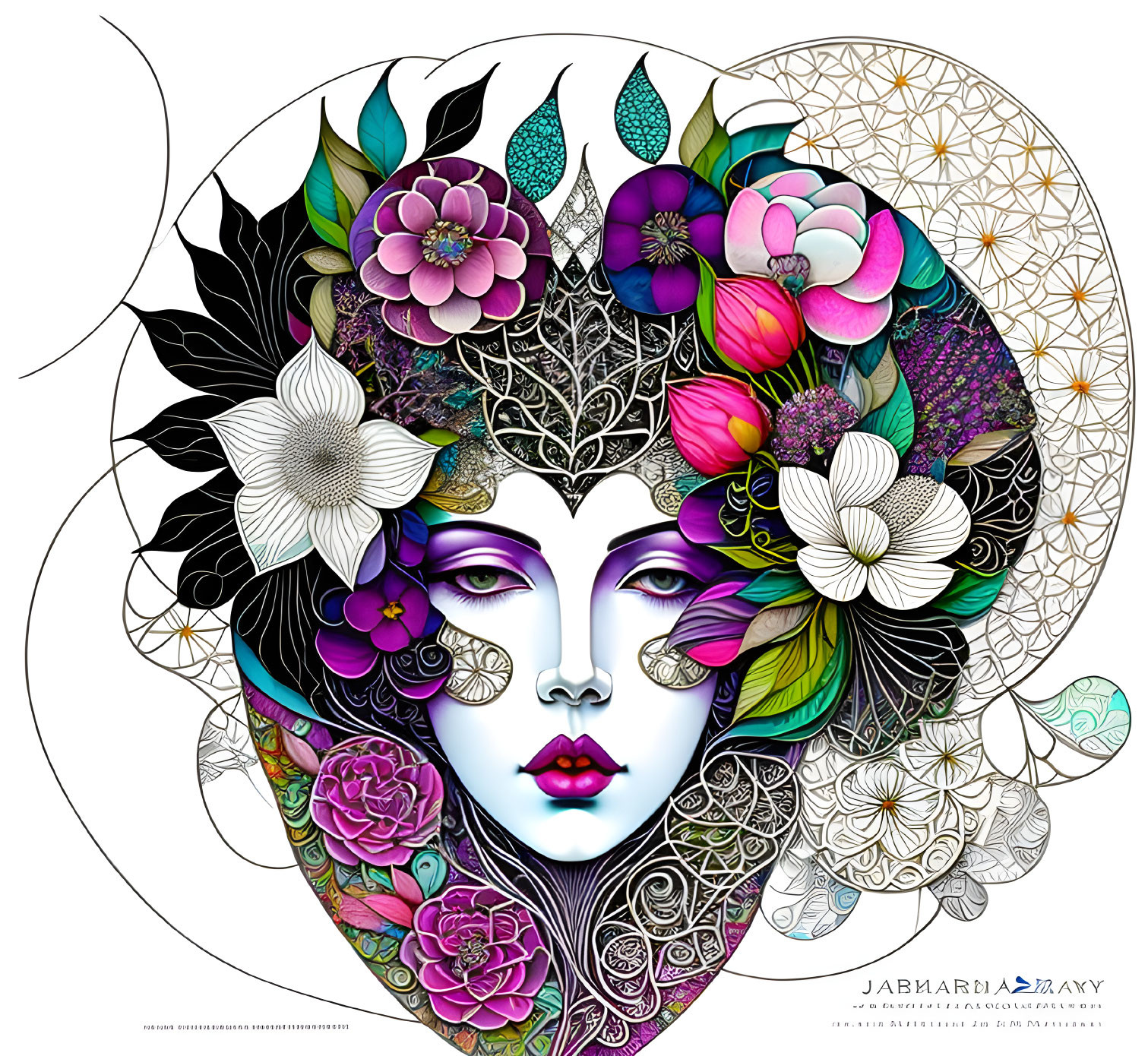 Colorful Woman's Face Artwork with Floral Patterns and Whimsical Designs