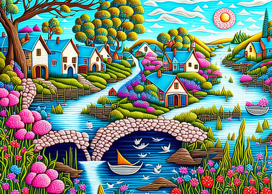 Vibrant village scene with houses, trees, river, and boat under sun-streaked sky