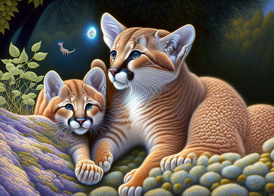 Realistic cartoon bobcats with expressive eyes in forest night scene