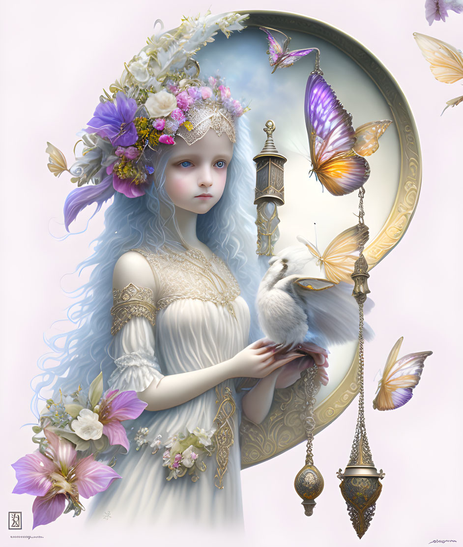 Fantasy illustration of girl with blue hair, floral headdress, white bird, butterflies, crescent