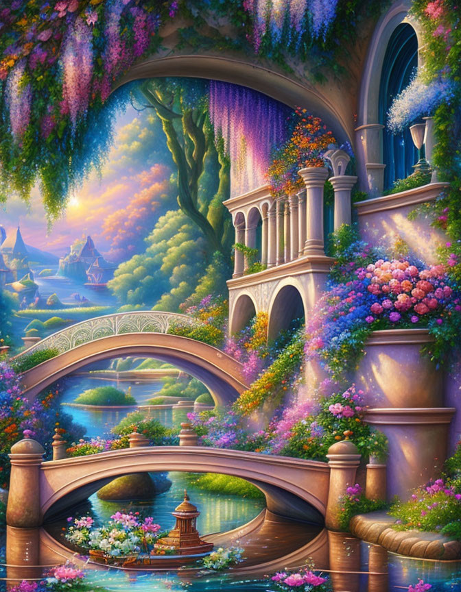 Colorful fantasy landscape with lush greenery and distant castles under a purple sky