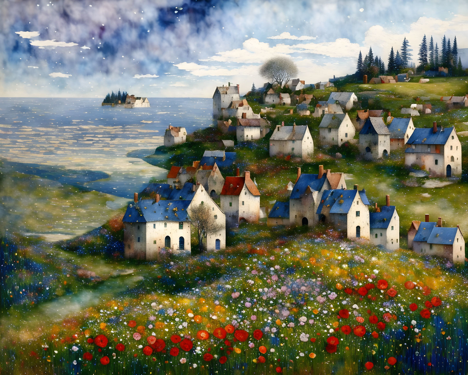 Rural village surrounded by wildflowers, forest, and ocean at twilight