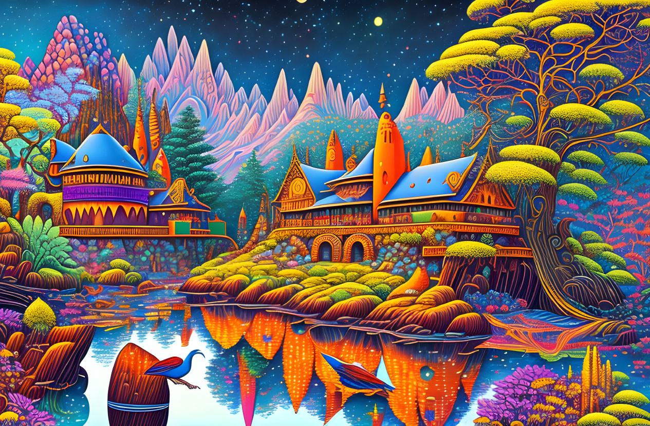 Colorful Landscape with Whimsical Architecture, Reflective Water, Trees, Starry Sky, Mountains