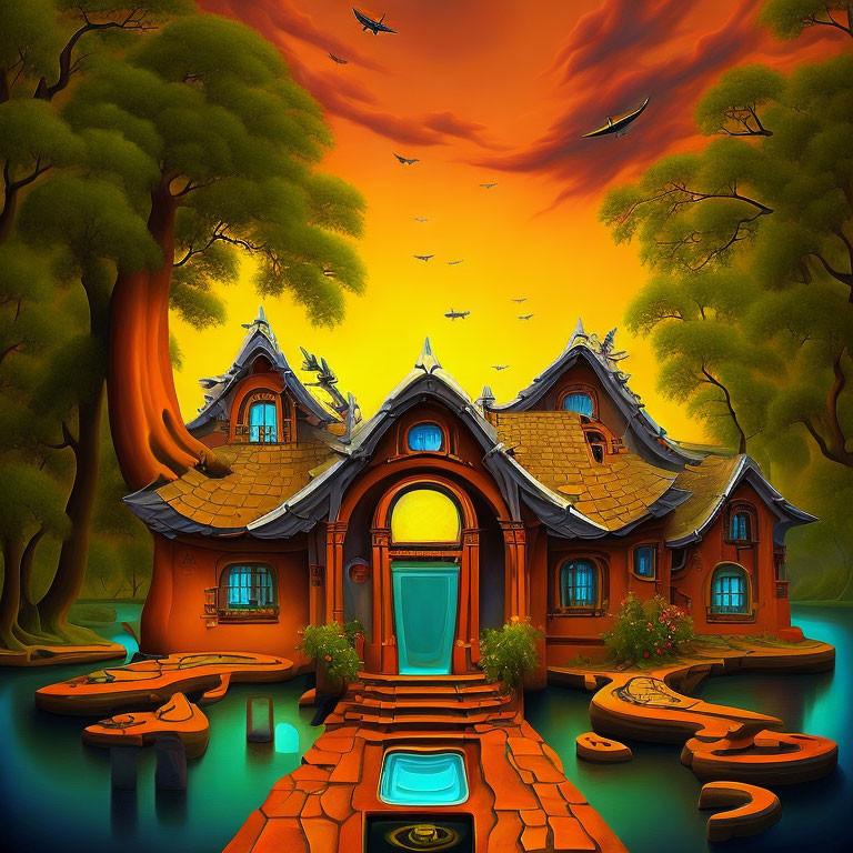 Colorful Cartoon-Style Sunset House Illustration with Birds