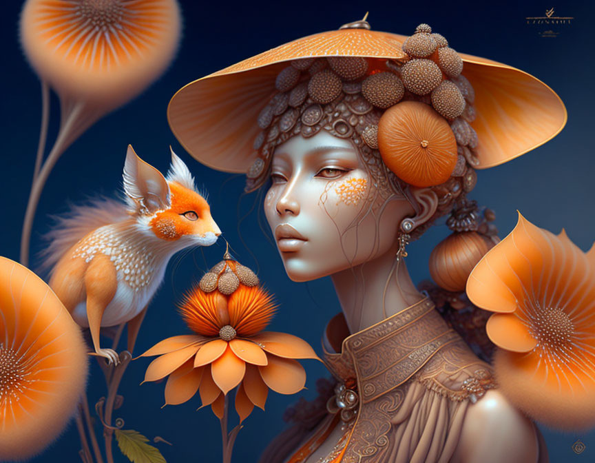 Stylized portrait of woman with flora, whimsical fox, intricate hat, berries, tattoos