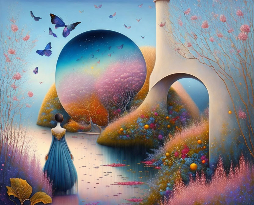 Surreal painting featuring woman in blue dress with nature and cosmic elements