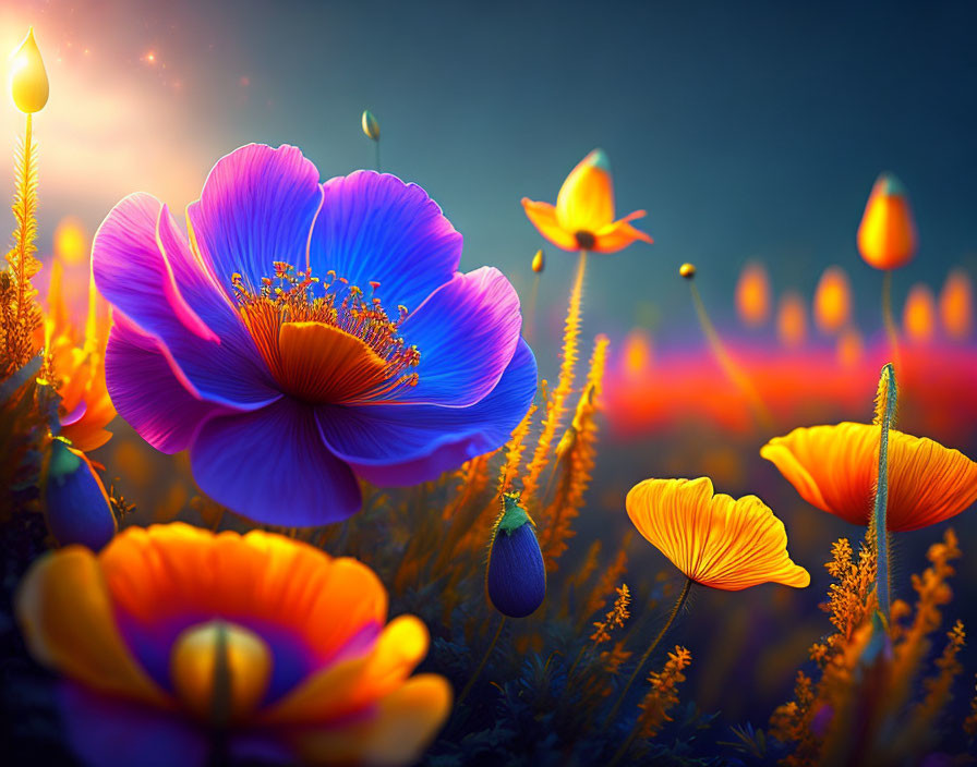 Fantasy garden at dusk with glowing blue and orange flowers