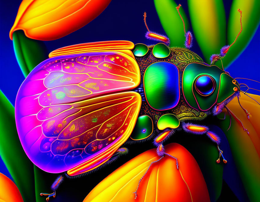 Colorful Digital Artwork: Beetle with Shell Patterns in Abstract Floral Background