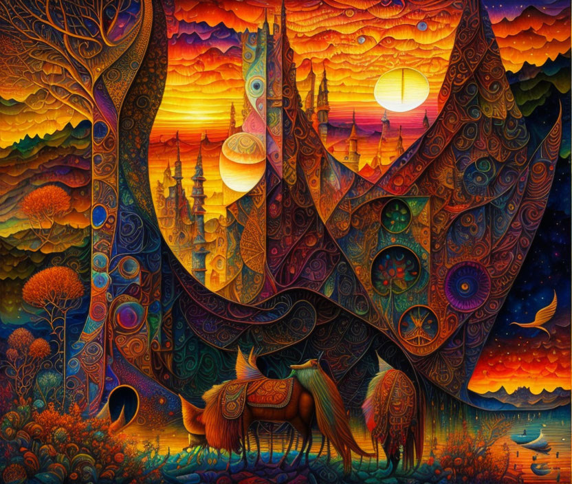 Colorful psychedelic artwork: horses, celestial patterns, castle, trees, sunset