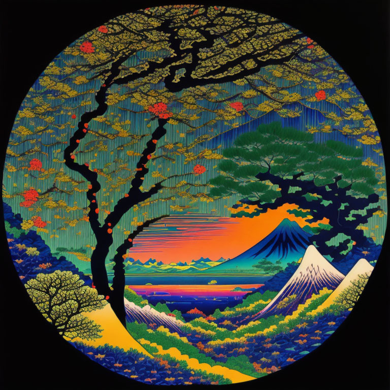 Circular artwork: Stylized tree, Mount Fuji, sunrise, floral patterns.