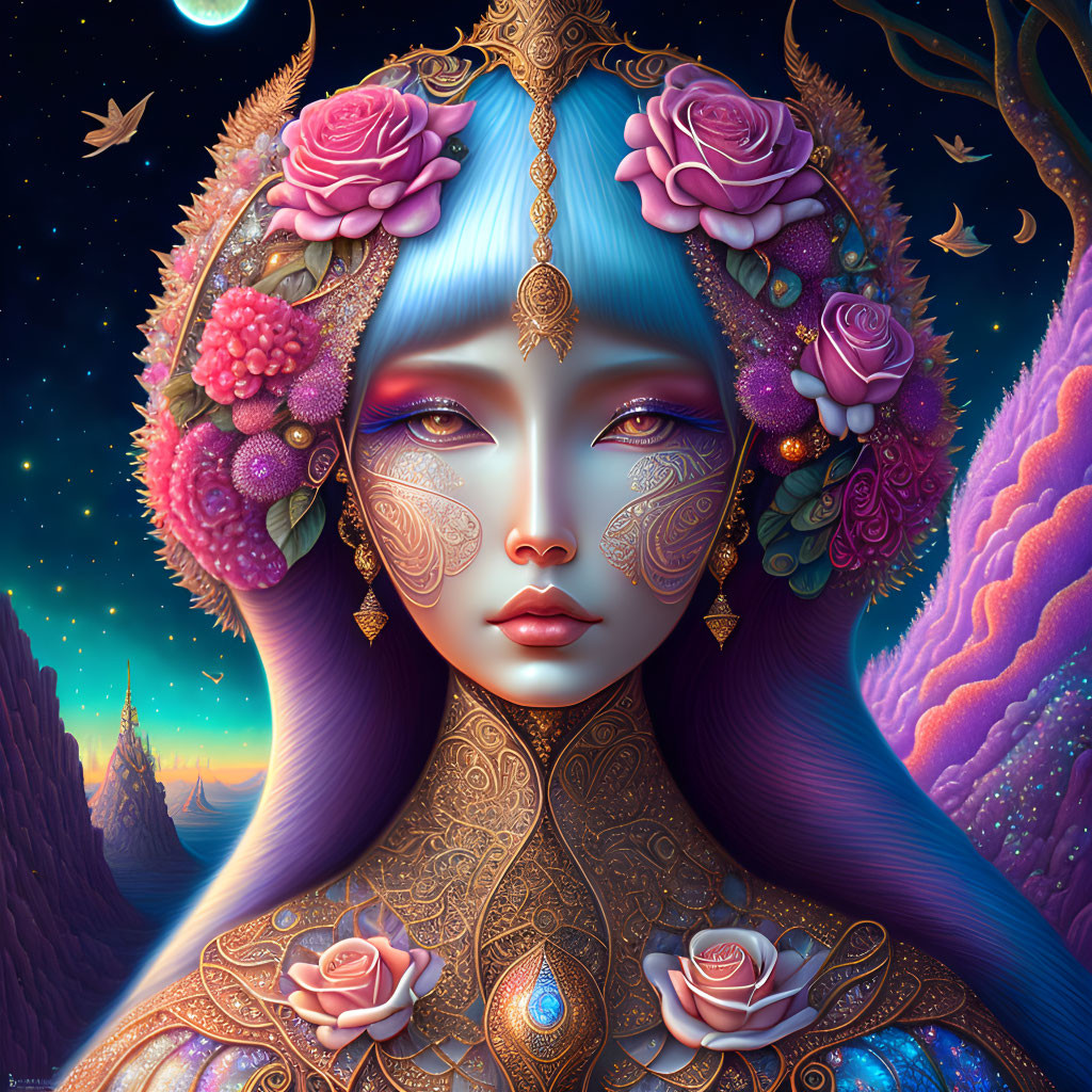 Blue-skinned female fantasy portrait with gold jewelry and night sky background.