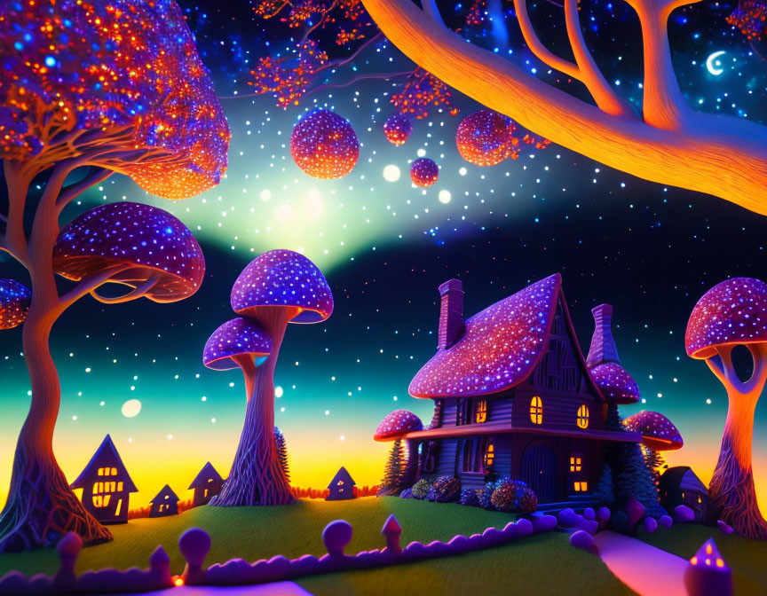 Magical Night Fantasy Landscape with Cozy Cottage