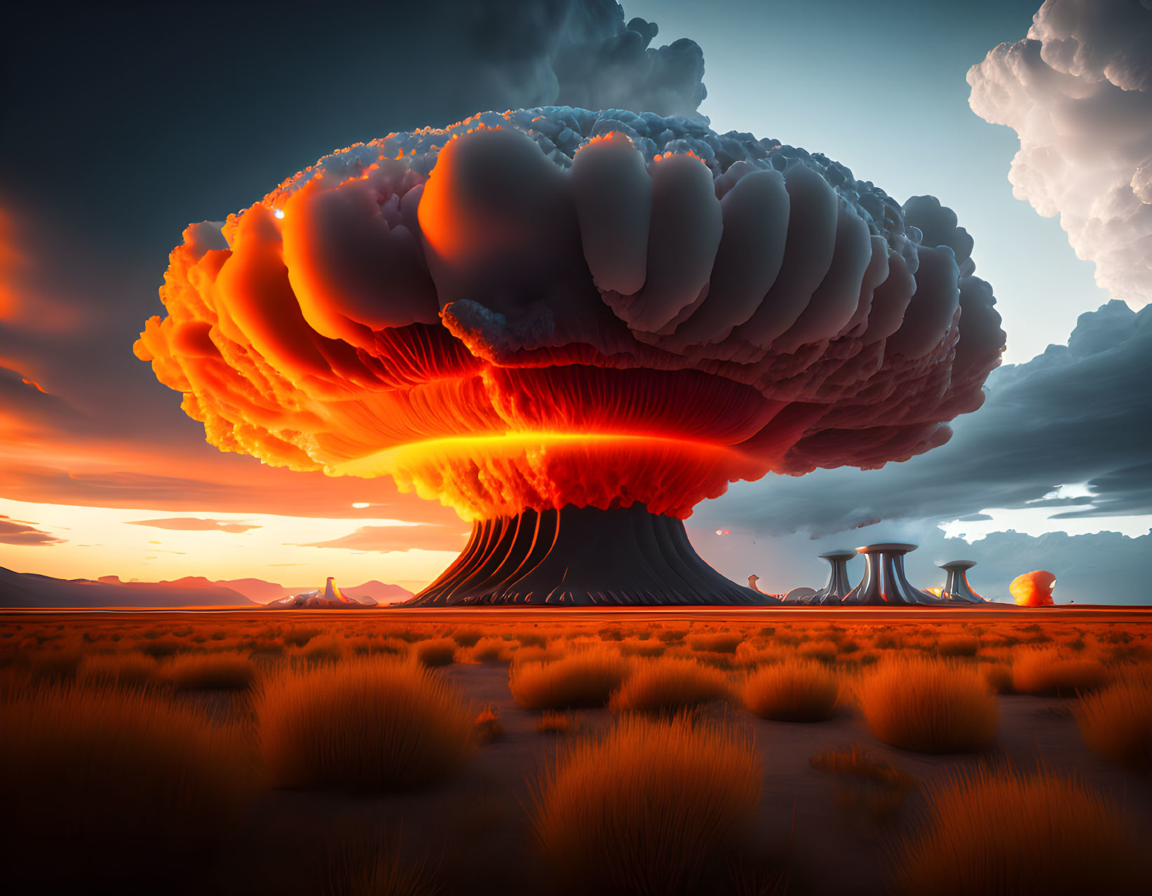 Majestic mushroom cloud over desert landscape at sunset