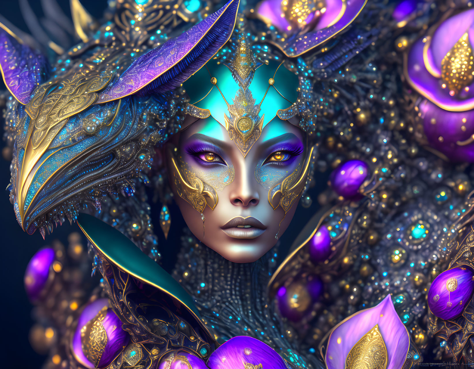 Detailed Illustration of Fantastical Female Figure in Golden and Purple Armor