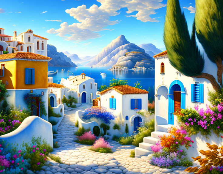 Serene Mediterranean coastal scene with white houses, cobblestone paths, flowers, and sea view