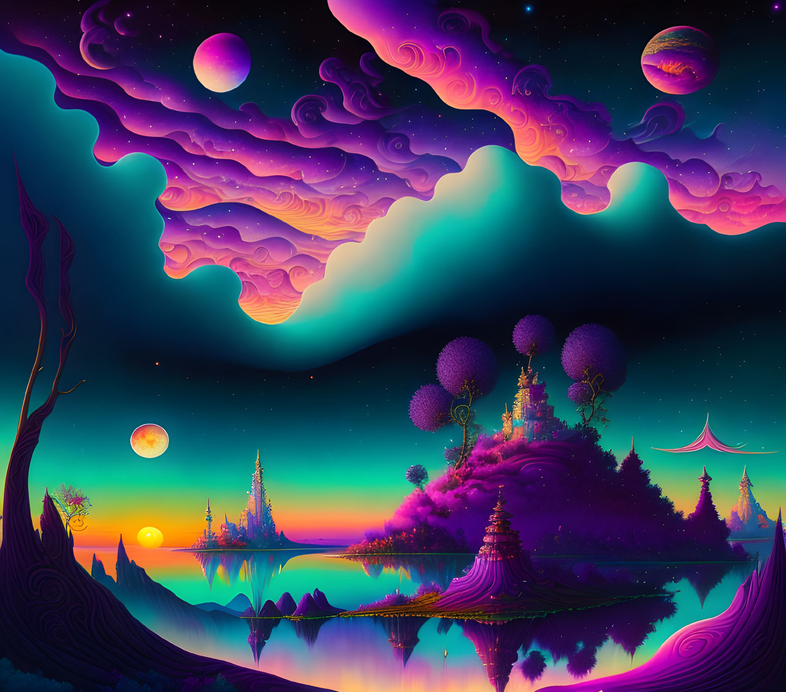 Colorful fantasy landscape with celestial elements and exotic trees reflected in water