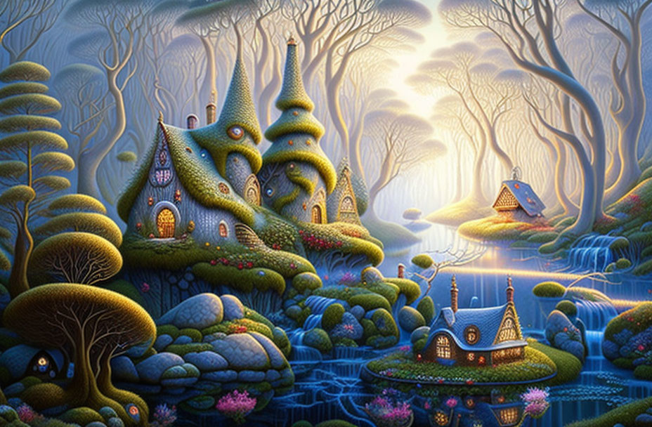 Fantasy landscape with organic tree-like structures and serene blue stream