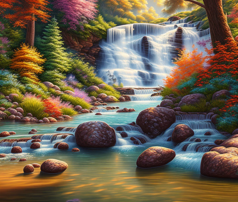 Tranquil waterfall in autumn forest with sunlight filtering through branches