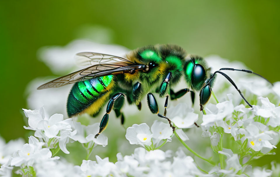 Green iridescent bee on white flowers with soft-focus green background