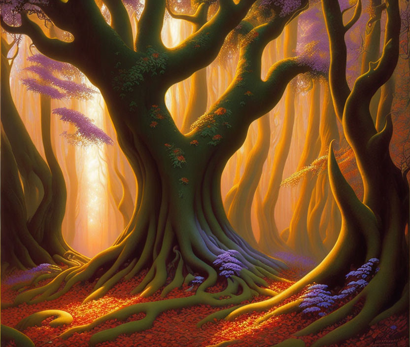 Mystic large tree in enchanting forest with warm golden light